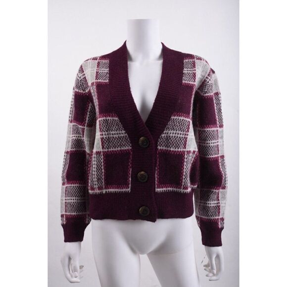 Mother Womens Slim Low Plaid Cardigan Sweater Sz M Purple Cropped Alpaca NWT - Picture 1 of 6